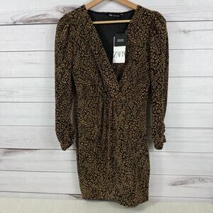 Womens Zara Gold Metalic Animal Print Jacquard Mini dress‎ NWT Size L